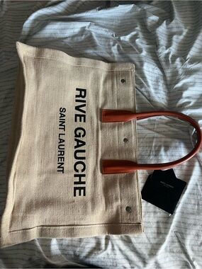Saint Laurent Beige Canvas Rive Gauche Tote with Brown Leather Handles “SALE!!!”